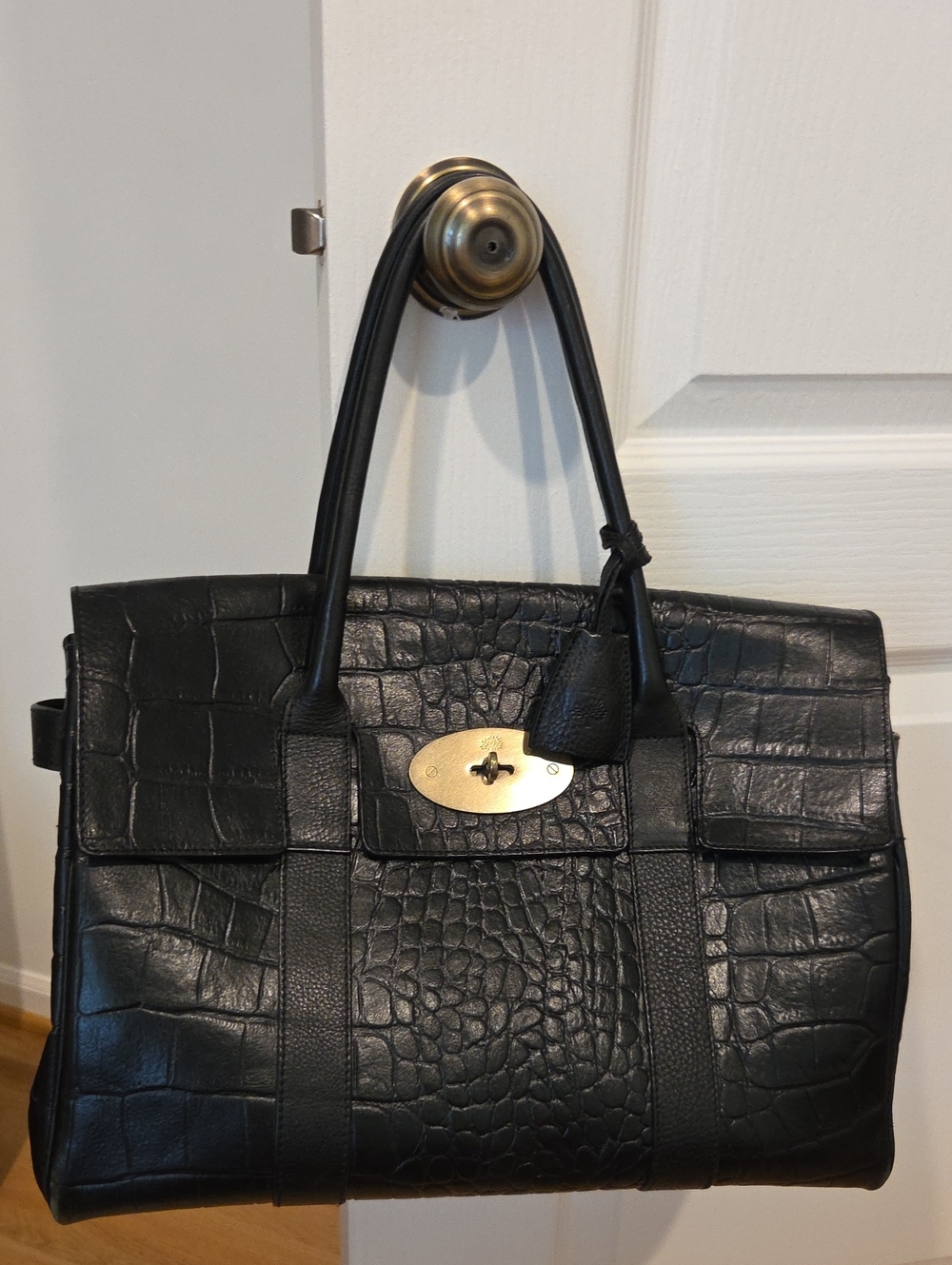 Mulberry Bayswater Black Croc-Embossed Leather Tote Bag with Gold Turnlock